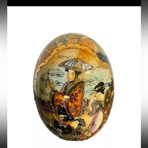 Vintage Chinese Satsuma Egg Geisha Girl Hand Painted & Floral Porcelain
